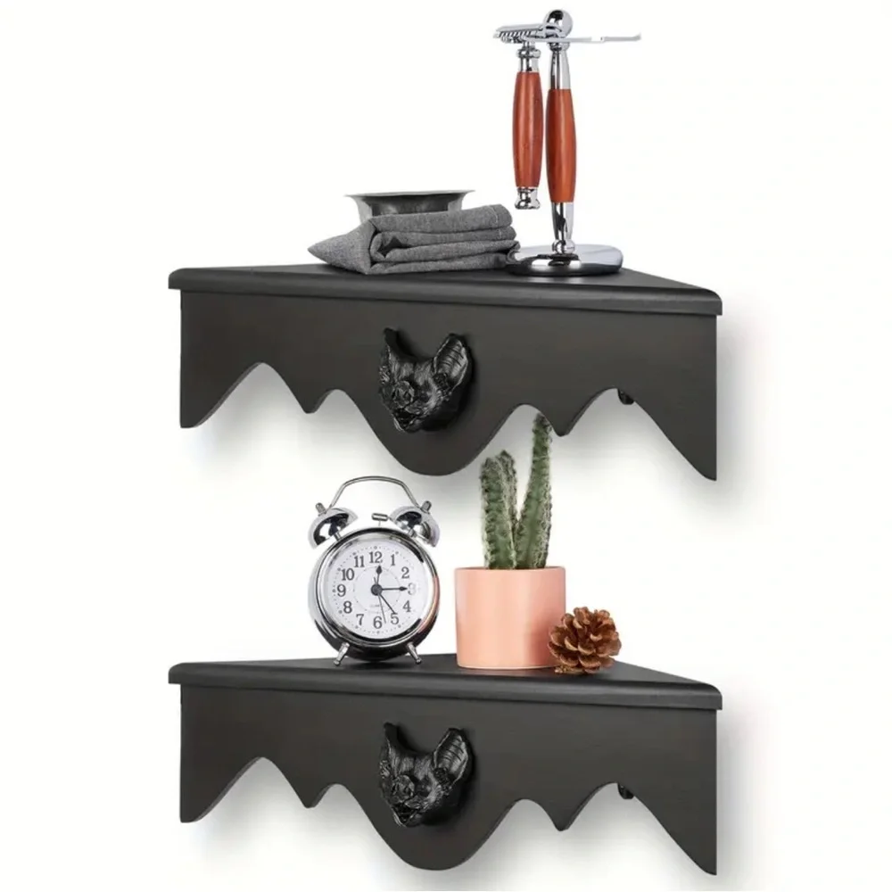 BNIB Set of 2 Black Bat Floating Wooden Corner Display Shelves Gothic Home Decor